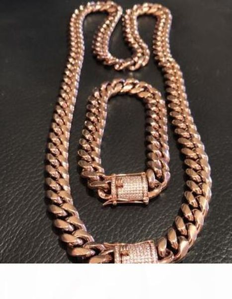 

mens cuban link bracelet & chain set 14k rose gold plated 12mm *lad diamond clasp*, Silver