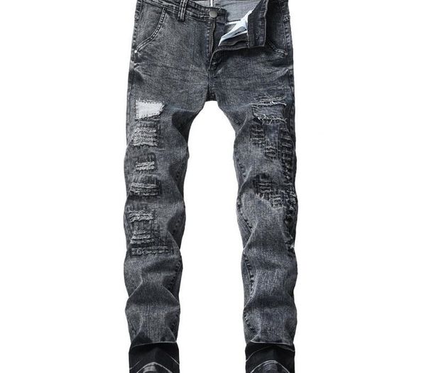 

mens fashion jeans personality ripped slim fit pants classic denim jeans designer trousers casual straight elasticity pants c1, Blue