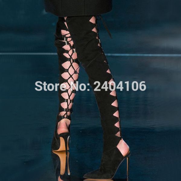 

zapatos mujer cut outs slingbacks strappy long botas pointed toe over the knee boots black suede lace up thigh high boots
