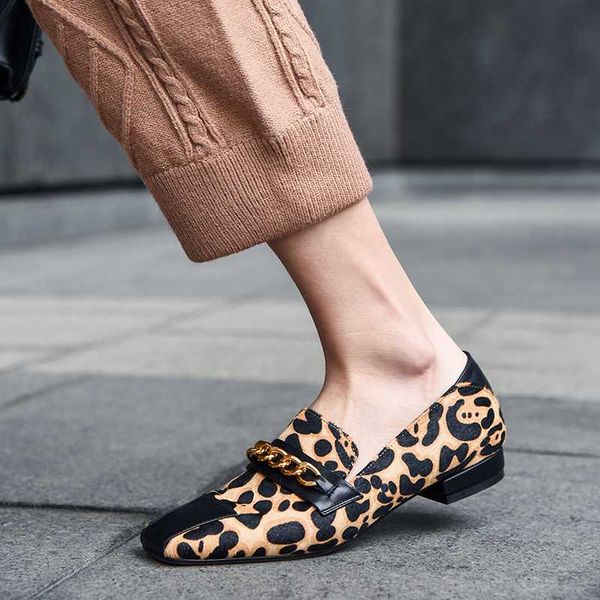 

mezereon luxury horsehair flats patchwork low heel shoes popular leopard classic square toe slip on metal chain flats, Black