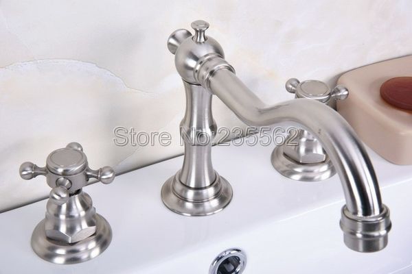 

Brushed Nickel Widespread 3 Holes Dual Handles Bathroom Tub Sink Faucet Mixer Tap Lbn012