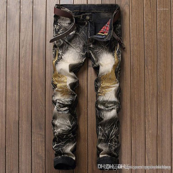 

pants stylish teenager straight wing embroidery jeans mens designer ripped jeans straight fashion slim fit male, Blue
