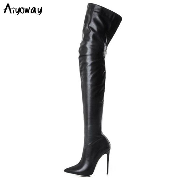 

stretch pu leather over the knee boots women pointed toe thigh high heels boots party winter black large size aiyoway