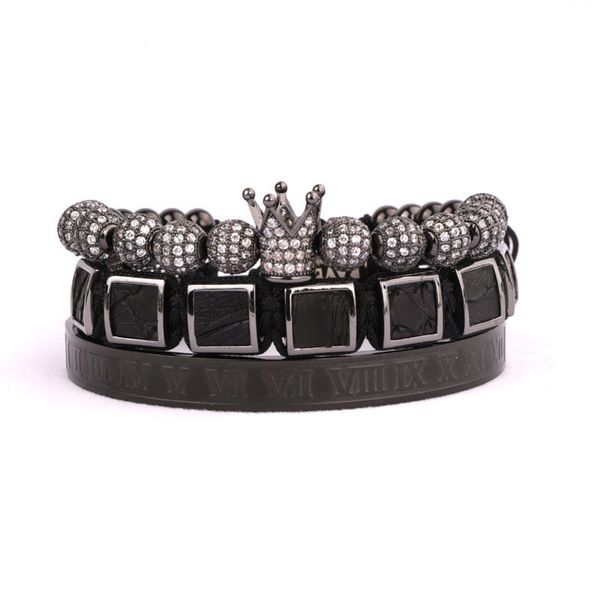 

2020 drop shipping new cz micro pave ball crown leather square braided stainless steel roman bangle men bracelet set men women, Black