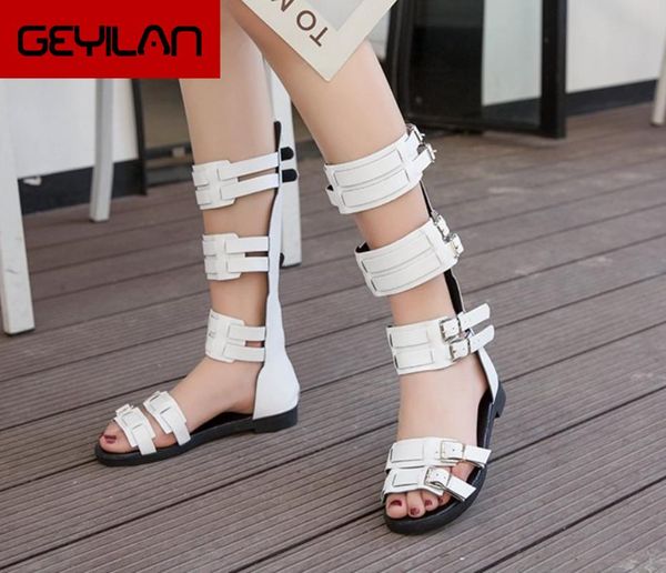

breathable style summer flats sandals buckle knee high woman boots flat casual beach sandals for women, Black