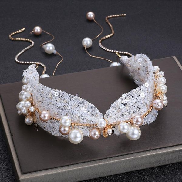 

bridal hair jewelry pearls lace headbands hairbands gold headpieces crown for bride evening dress headwear wedding accessories, Golden;silver