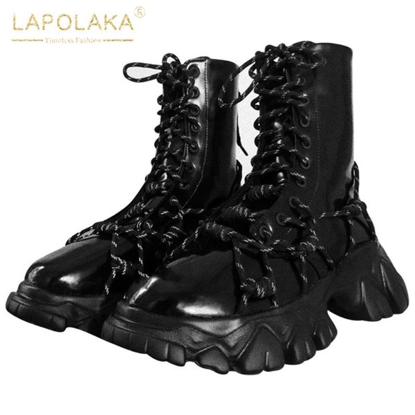 

brand 2020 new cool street fashion platform chunky heels shoelaces motorcycles boots female winter shoes woman footwear, Black
