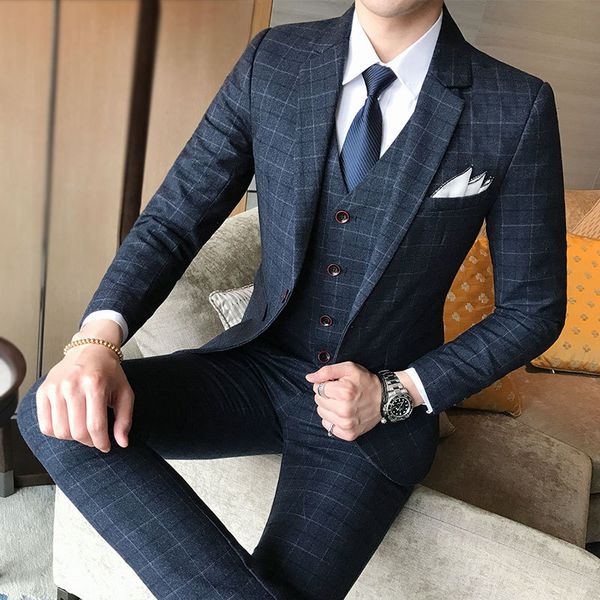 

three-piece male formal business plaids suit for men's fashion boutique plaid wedding dress suit ( jacket + vest + pants, White;black