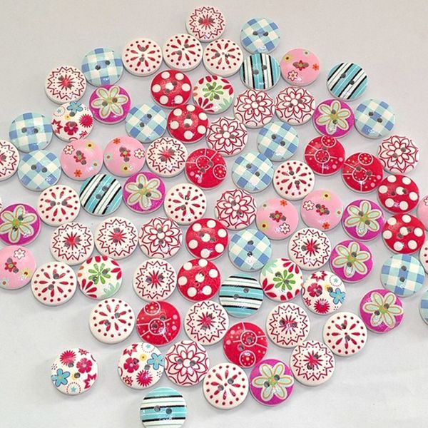 

100pcs/ 2 holes mixed printing round pattern wood buttons scrapbooking 15mm