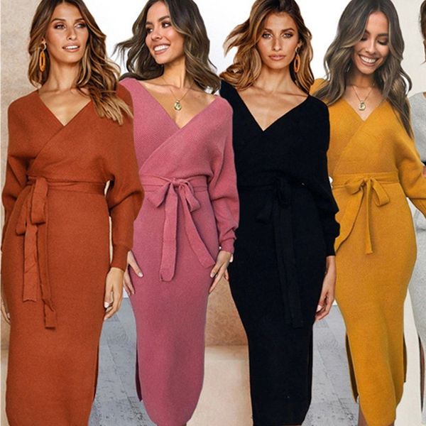 

fashion women winter kintted slim midi dress v neck long sleeve split belt casual tunic wrap dress bandage dresses vestidos, Black;gray