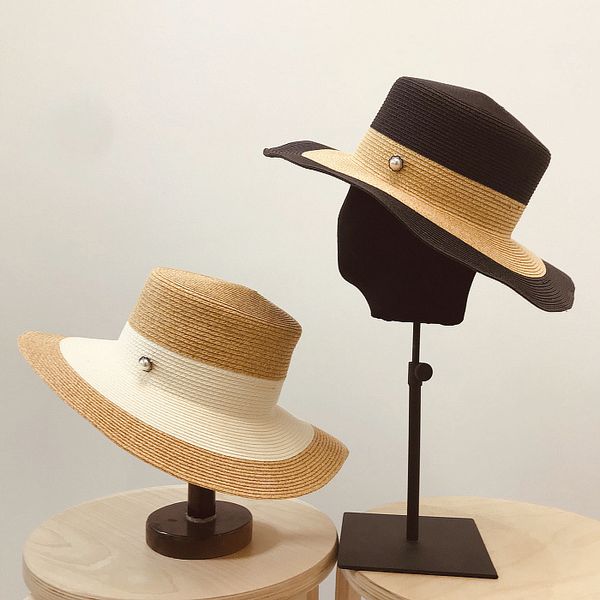 

wide brim hats 2021 spring summer color matching flat along pearl button decoration female elegant beach sunscreen fashion grass hat, Blue;gray