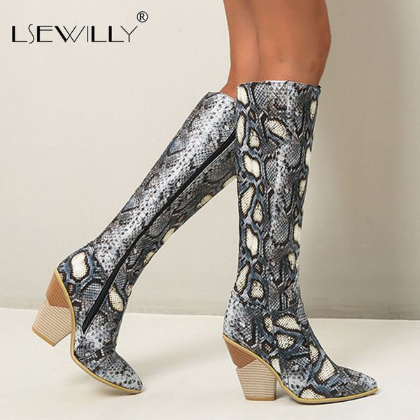 

lsewilly size 48 woman knee high boots snake skin spike high heels western cowboy boots winter shoes woman female shoes, Black