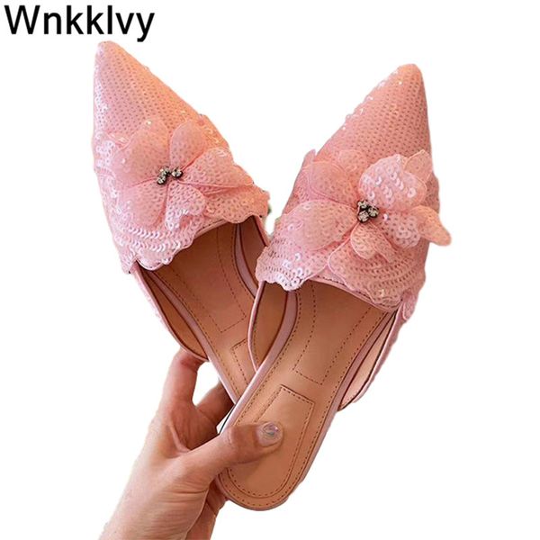 

остроконечные тапочки ленивых тапочки блестки хрустальные цветы декор 2020 летние туфли плоские пятки маллерс наружные шикарные блестящие мо, Black