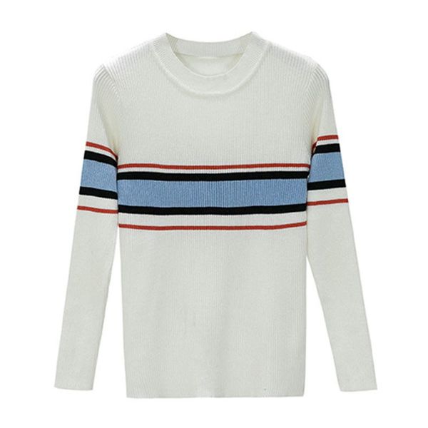 

blackday women loose sweater round neck pullover long sleeve casual stripes print stitching new, White