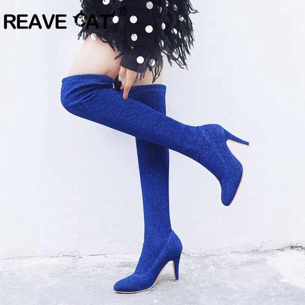 

reave cat over the knee boots shoes women pu stretch fabric thin heel pointed toe solid mujer botas solid long boots a1352, Black
