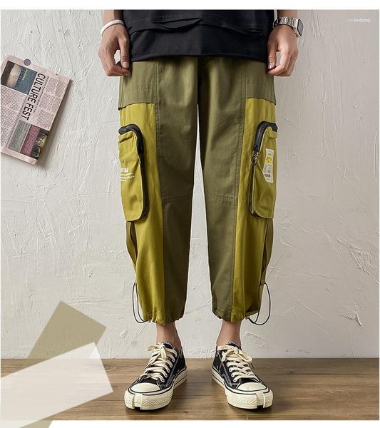 

sport designer panelled contrast color loose trousers males street style drawstring pant teenagers big pocket cargo pants summer, Black