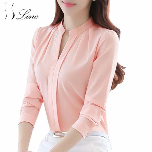 

ssline women blouse long sleeve spring autumn casual chiffon blouse female v-neck work wear solid office shirts for ladies, White