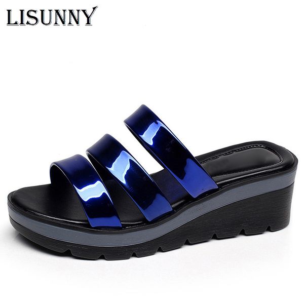 

lisunny патентный качество кожи клинья слайды женщин обувь летняя платформа тапочки 2020 элегантная женщина плюс размер 35-42, Black