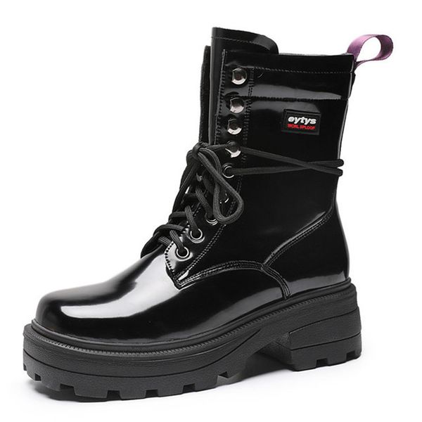 

2020 new patent leather women boots fashion vintage british style rivet lace-up punk boots autumn winter brand women's booties, Black