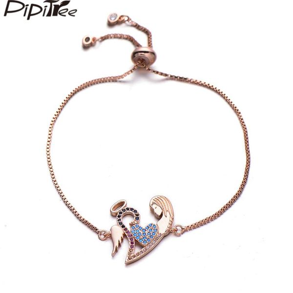 

pipitree romantic mother with angel heart charm bracelet copper cubic zirconia rose gold color chain bracelets for women jewelry, Red;blue