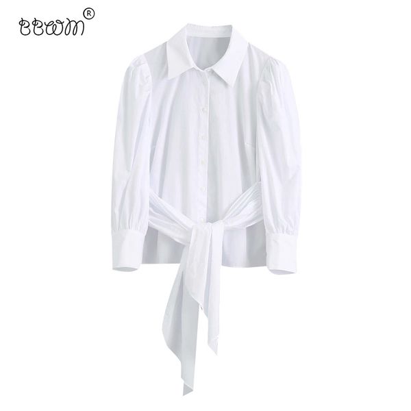 

2020 women fashion chic bow lace-up blouses vintage puff sleeve button-up shirts girls chic, White