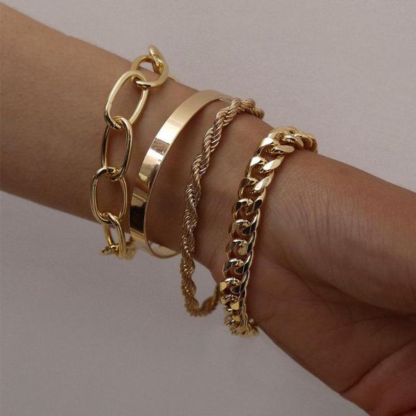 

4pcs/set smooth c-shaped bangles twist chain bracelet simple thread o-chain cuban link bracelet for women, Golden;silver