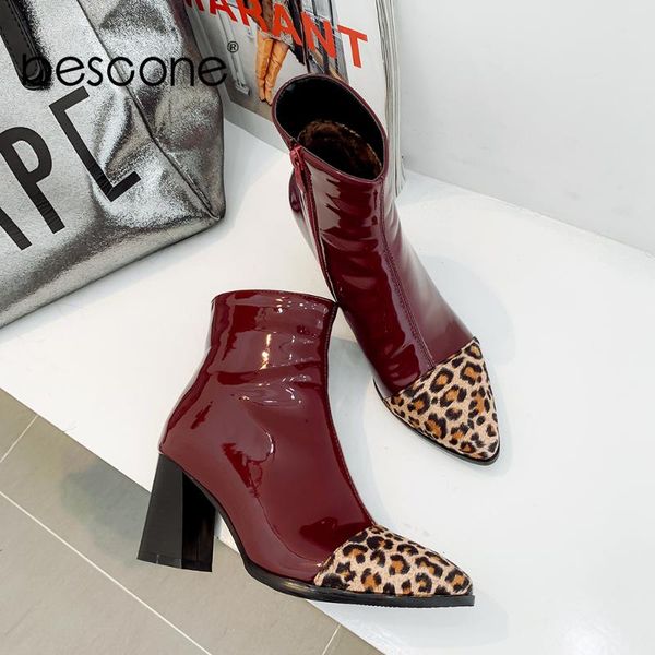 

bescone stylish ladies mid-calf boots pointed toe mixed colors zipper square heel shoes new winter warm women boots bm253, Black