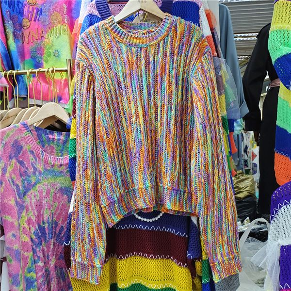 

EWQ] 2020 Autumn New Ladies Fashion Pullover Lazy Hit Color Rainbow Round Neck Long Sleeve Sweater Short Tops 16Q422, White;black
