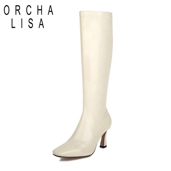 

orchalisa осень зима-колено высокие сапоги площади носок 7см тонкие каблуки zipper solid большой размер 34-48 черный белый абрикос daily c20, Black