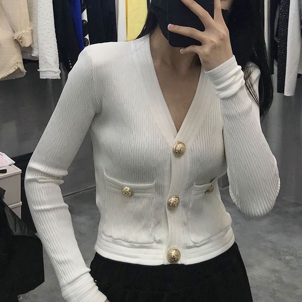 

women's knitted jacket/women v-neck button all-match knitted sweater cardigan jacket/women suit jackets/women's coats, White