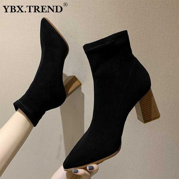 

women's calf-high boots woman winter shoes women flock square high heels pointed toe slip on warm shoe female elegant ladies new, Black