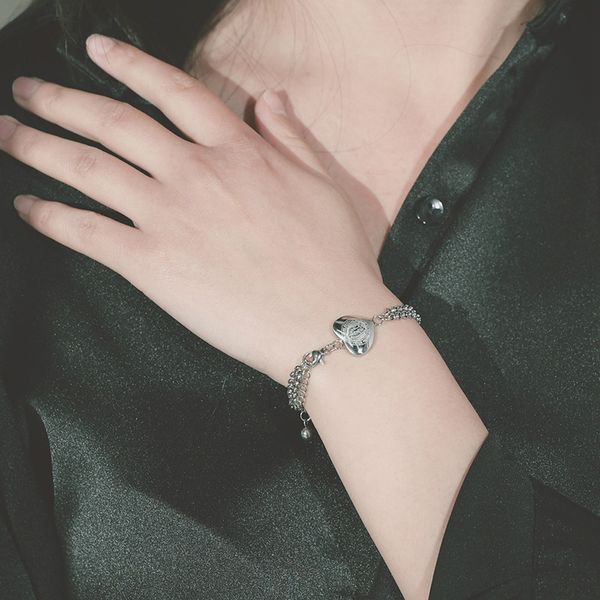 

link, chain heart pattern pearl double layer pendant bracelet stainless steel women's simple color ladies, Black
