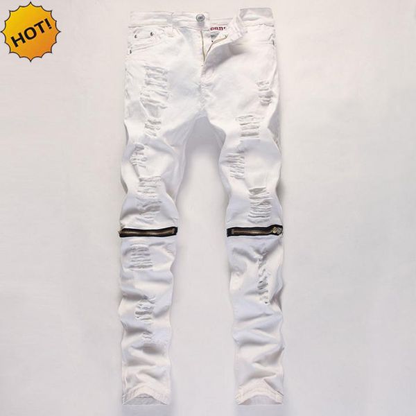 

men's jeans 2021 fashion street dance knee zipper ripped hole biker locomotive slim fit solid white denim cowboy hip hop, Blue
