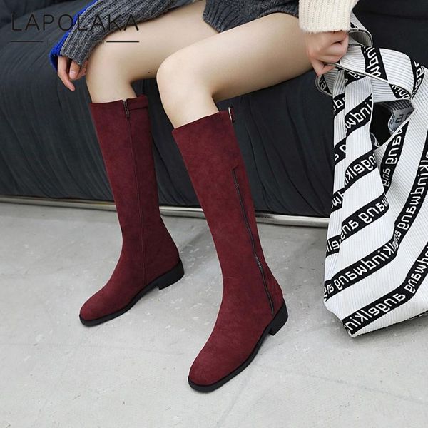 

lapolaka 2020 new arrivals plus size 46 zip up mid calf boots woman shoes thick heels concise autumn winter boots female, Black