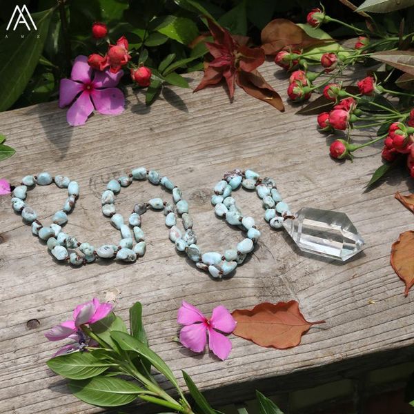 

natural white quartz double point pendant 8mm larimar stone nugget chip beads knotted handmade necklace 32 inch long, Silver