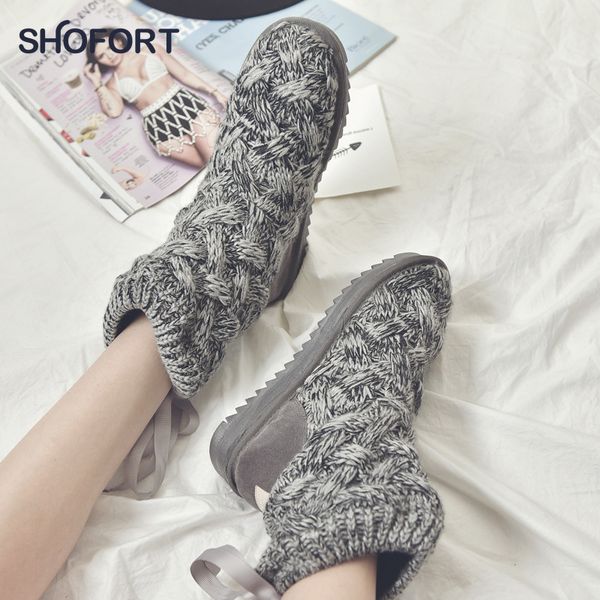 

shofort winter snow boots 2020 fashion thicken knitting short plush warm cotton shoes all-match non-slip heighten boots women, Black