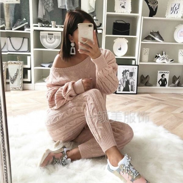 

wepbel loose autumn winter clothing suit women 2pcs solid color clothes set knitted sweater + full pants casual fashion, Gray