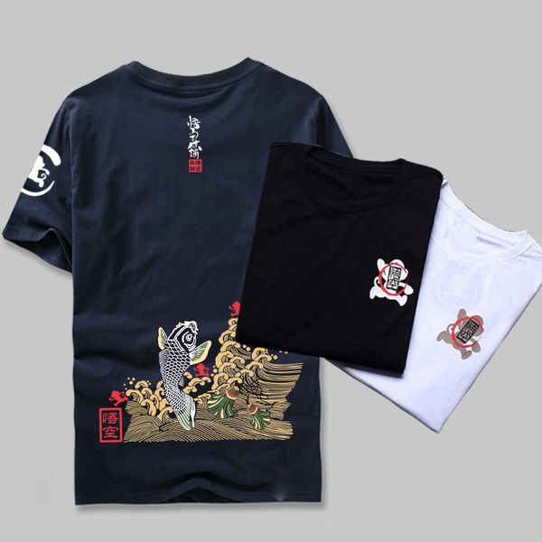 

японский стиль лето 2017 мужчины марка одежда мода карп рыба печати t-shirt 100% хлопка с коротким рукавом футболка фитнес