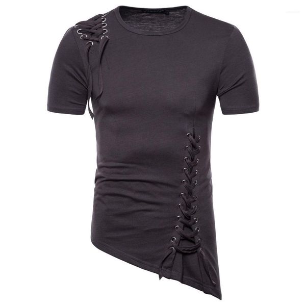 

slid mens fashion designer tshirts casual slim short sleeve summer t-shirt unique irregular hem braided rope, White;black