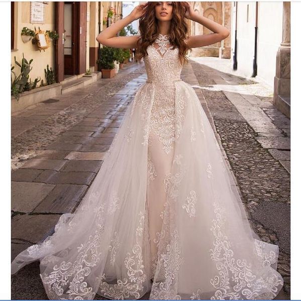 

vintage lace mermaid wedding dresses with detachable skirt 2020 new sheer cap sleeve appliques wedding gowns button back bridal gowns, White