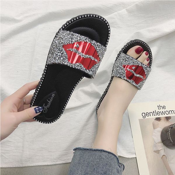 

women slippers summer red lips rhinestone fashion female shoes 36-42 large size beach shoes women sandals, Black