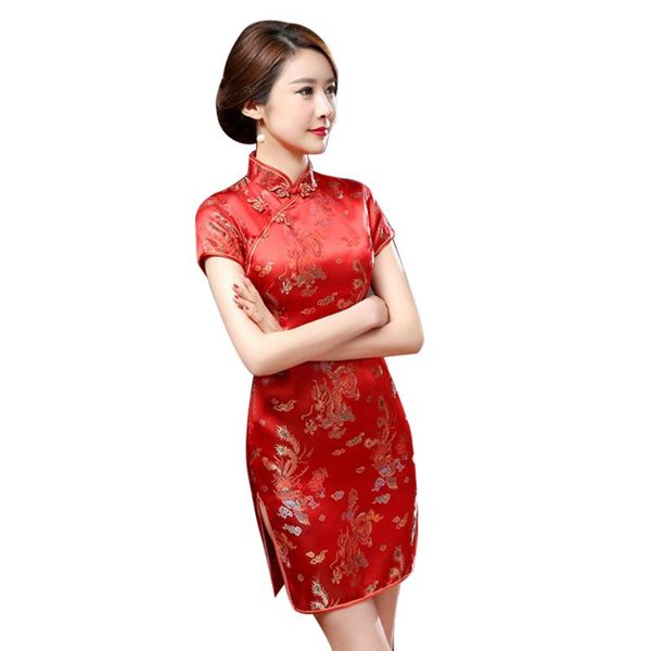 

ethnic fashion women chinese dragon phoenix stand collar slim cheongsam dress, Red