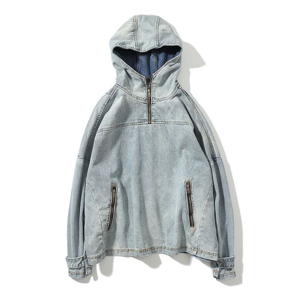 

mens hoodies high street washed denim jacket pullover sweater hooded coat long sleeve mens loose hoodies m-xl, Black