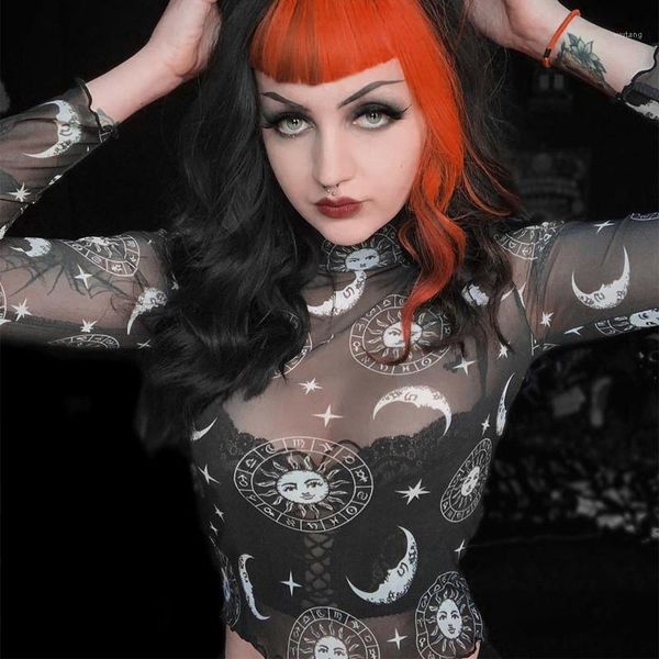 

sexy mesh sheer crop tops способа естественный цвет с длинным рукавом тройники женщины дизайнер мультфильм печати tops, White