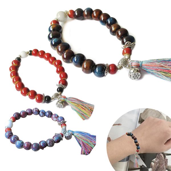 

women flexible bracelet bohemian tassel ceramic lotus bracelet female student birthday gift hh88, Black