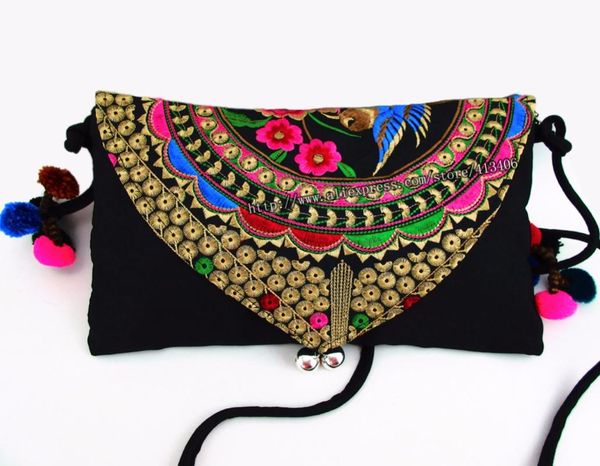 

vintage hmong tribal ethnic thai boho shoulder bag messenger embroidery, pom pom trim sys-232