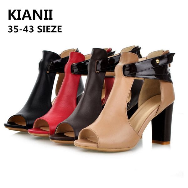

kiani 35-43 size women's high heel sandals fashion pu summer open-toed square heels banquet party dress buckle high heels, Black
