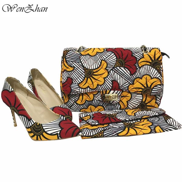 

wenzhan charming ladies pumps shoes with matching handbags spring summer pointed toe high heels made by african cotton wax 28-11, Black