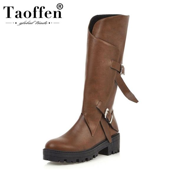 

taoffen plus size 34-46 women retro winter knee high boots round toe classics buckle platform work warm long boots footwear, Black