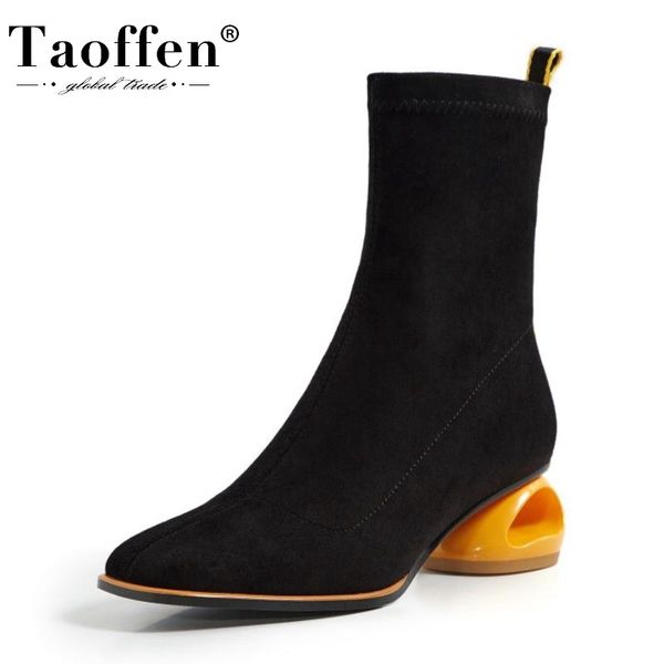 

boots taoffen women ankle round toe strange heel slip on shoes flock casual party female footwear winter size 34-39, Black